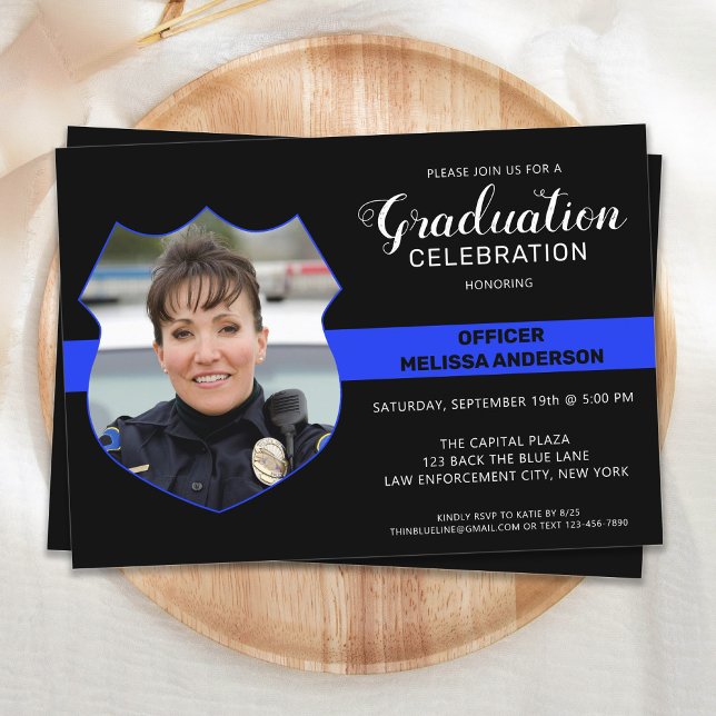 Invitation Police Graduation Party Photo Mince Ligne bleue (Créateur téléchargé)