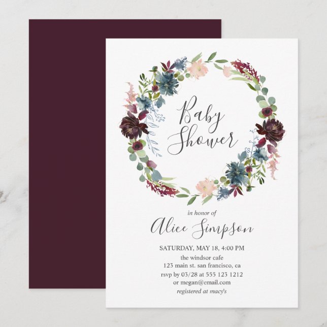 Invitation Police manuscrite baby shower Bourgogne et bleu (Devant / Derrière)