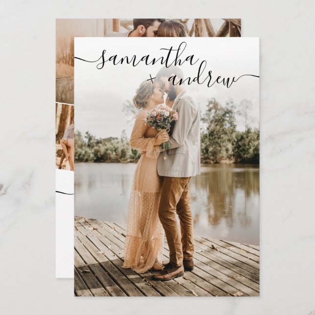 Invitation Police minimaliste blanche simple 5 photos mariage (Devant / Derrière)