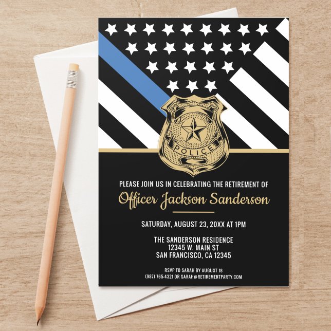 Invitation Police Retraite Ligne bleue Drapeau Application de (Perfect invitations to invite guests to honor the retiring police and law enforcement officer.)
