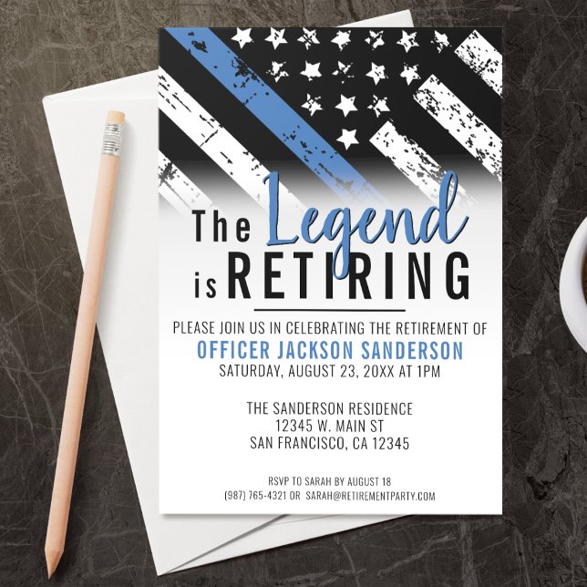 Invitation Police Retraite Ligne bleue Drapeau Application de (A perfect retirement party invitation for a retiring law enforcement police officer, chief, sheriff!)