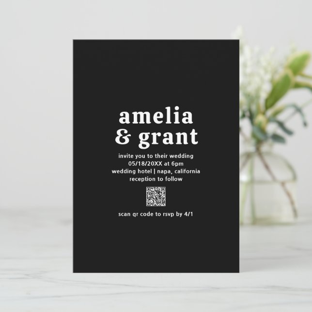 Invitation Police rétro noir QR Code moderne Mariage (Debout devant)