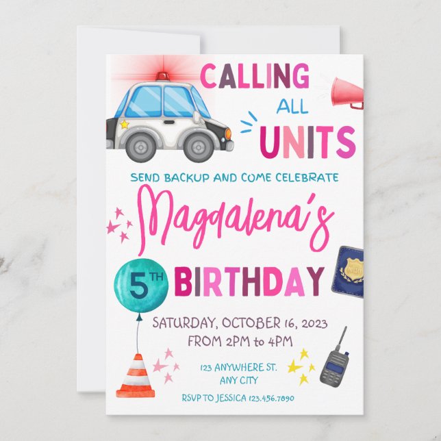 Invitation Police rose fille fête d'anniversaire (Devant)