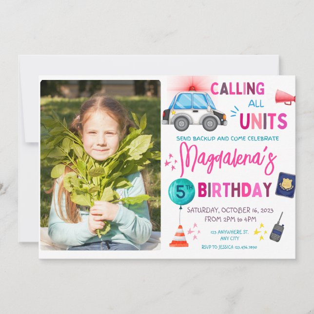 Invitation Police rose fille fête d'anniversaire (Devant)