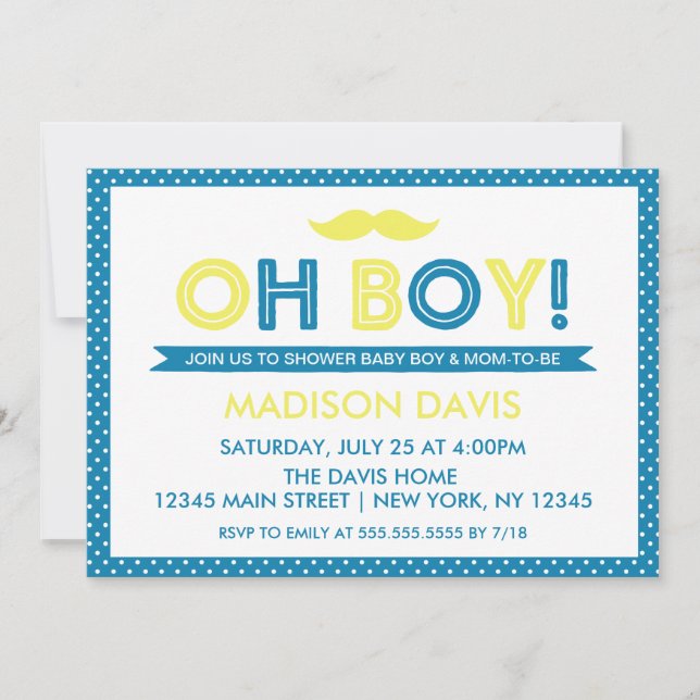 Invitation Polka bleu et jaune Point Oh Baby shower garçon (Devant)
