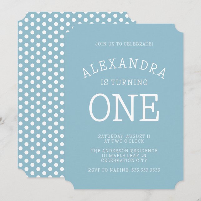 Invitation Polka bleu moderne minima point premier anniversai (Devant / Derrière)