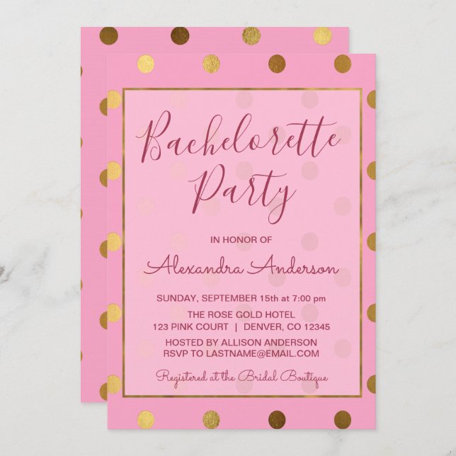 Invitation Polka Dot Bachelorette Pink et Gold Foil (Devant / Derrière)