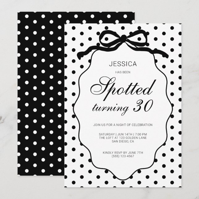 Invitation Polka Dot Bow Spotted Turning 30th Birthday Party (Devant / Derrière)