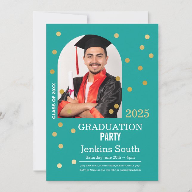 Invitation Polka Dot Graduation Confetti Turquoise Gold Photo (Devant)