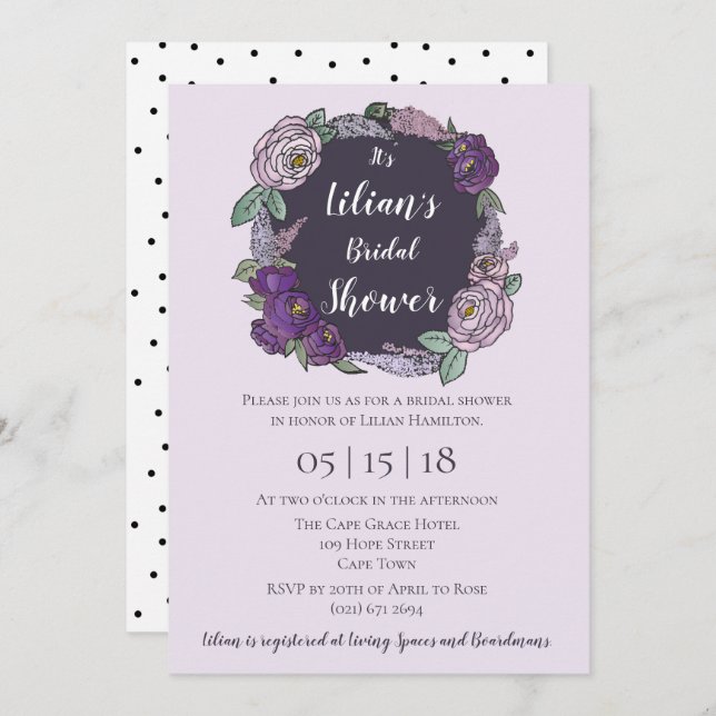 Invitation Polka Dot Lilac & Lavender Fête des mariées floral (Devant / Derrière)
