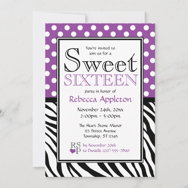 Invitation Polka Dot Purple & Zebra Sweet sixteen d'impressio (Devant)