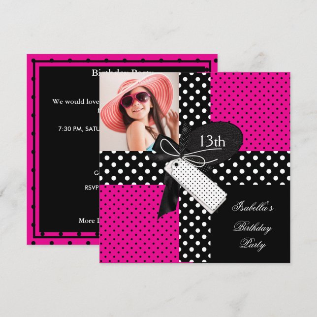 Invitation Polka Dot rose vif noir blanc 13e anniversaire (Devant / Derrière)