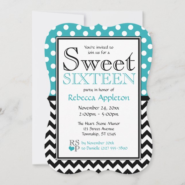 Invitation Polka Dot Turquoise & Chevron Sweet sixteen (Devant)