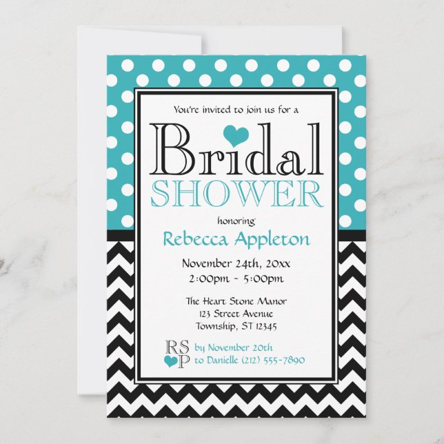 Invitation Polka Dot Turquoise & Fête des mariées Chevron (Devant)
