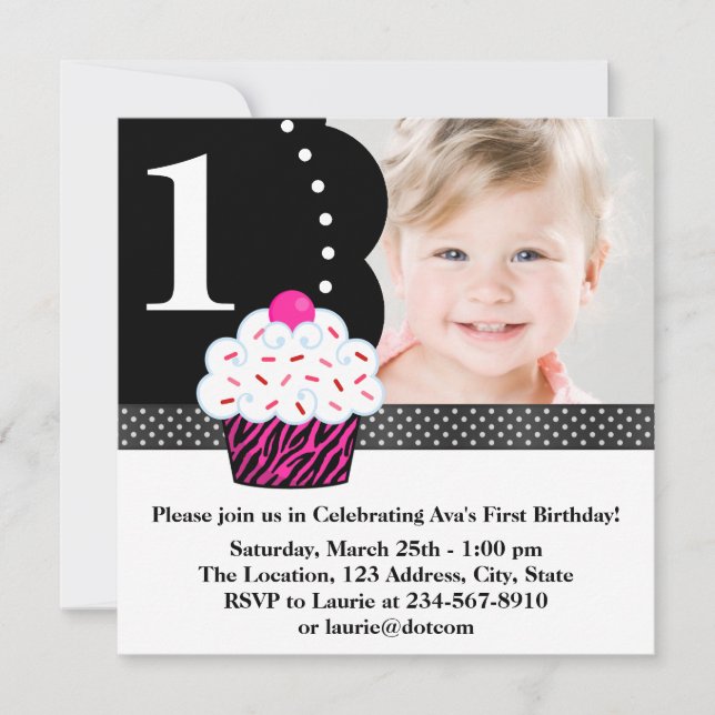 Invitation Polka Dot Zebra Cupcake Girls Photo 1er Anniversai (Devant)