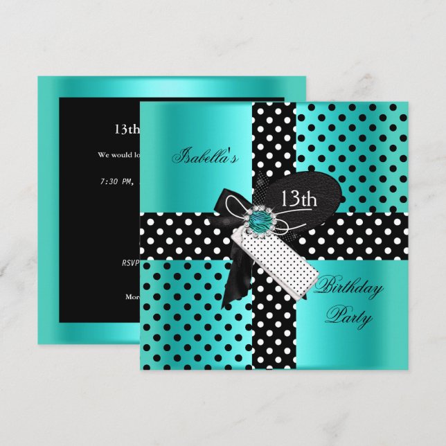 Invitation Polka Dots Bleu Sarcelle pour une Fête d'Anniversa (Devant / Derrière)