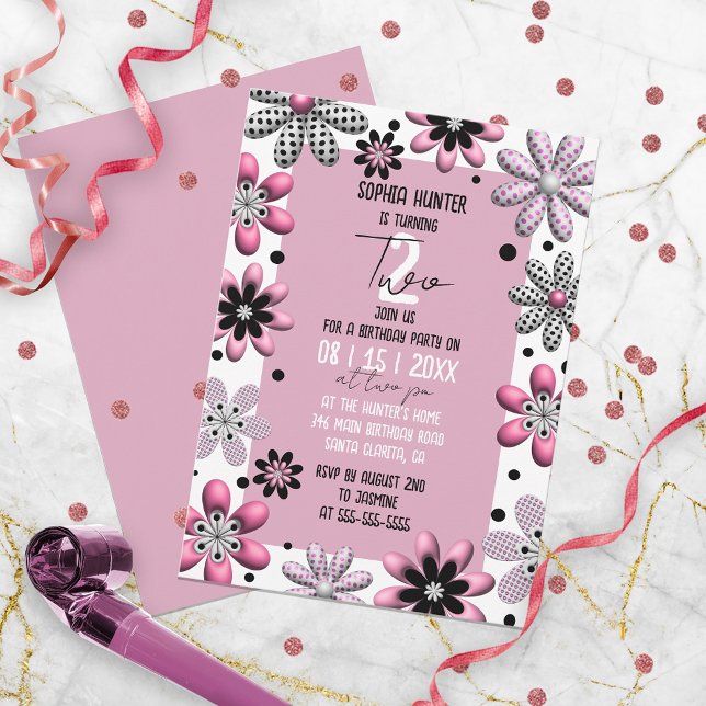 Invitation Polka florale mignonne rose noir 2e anniversaire (Créateur téléchargé)
