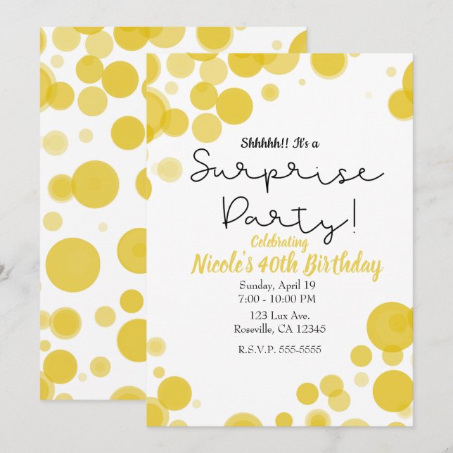 Invitation Polka Jaune et Blanc bulles Point Surprise Party (Devant / Derrière)