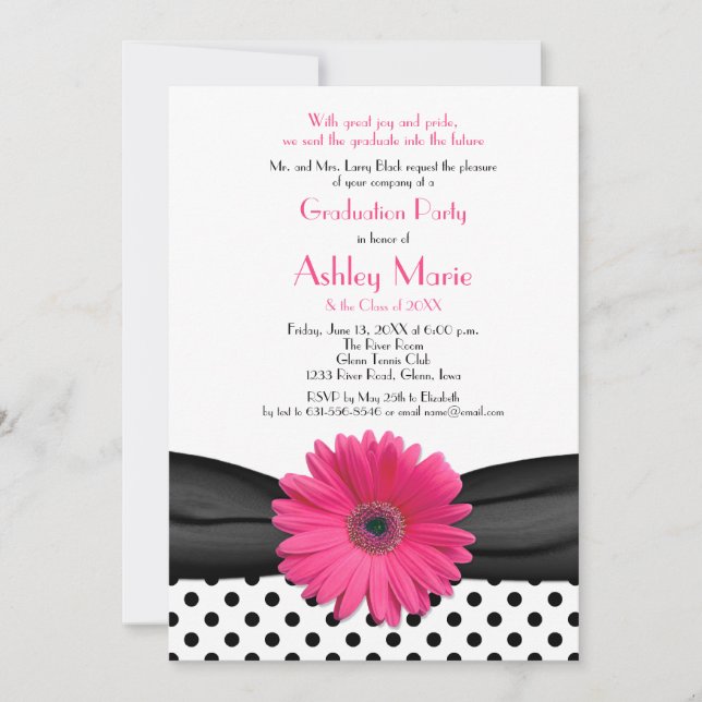Invitation Polka Noir Blanc Point Rose Daisy Graduation (Devant)
