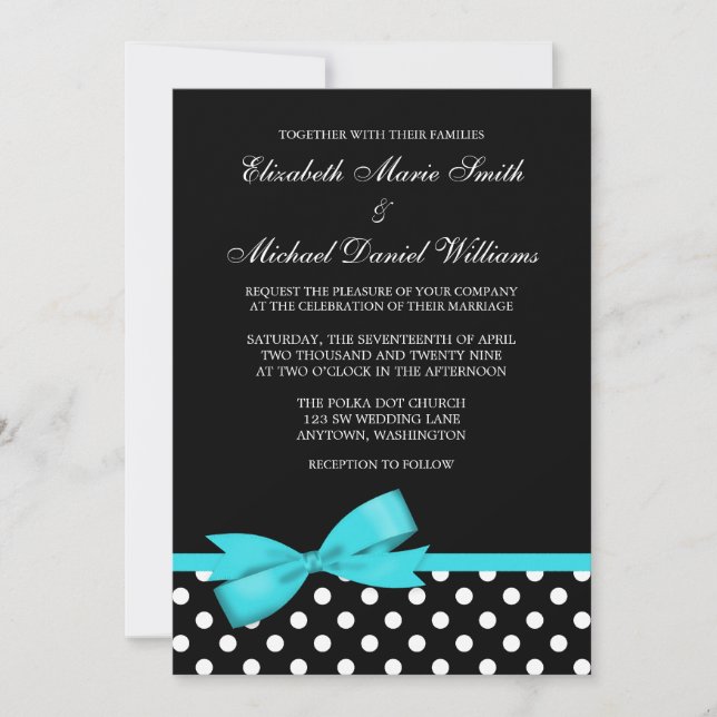 Invitation Polka noir blanc point Turquoise Faux Bow Mariage (Devant)