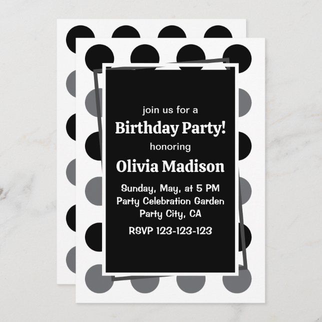 Invitation Polka noire gris point fête d'anniversaire (Devant / Derrière)
