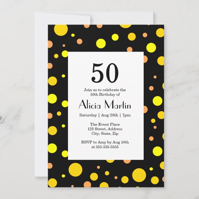 Invitation Polka or jaune orange Point noir 50e anniversaire (Devant)