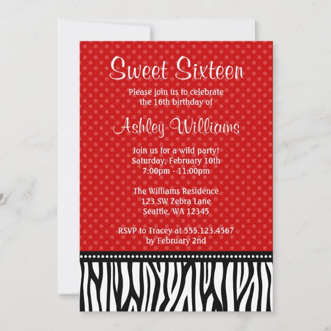 Invitation Polka Polka Dot Sweet rouge et noir Zebra 16 (Devant)