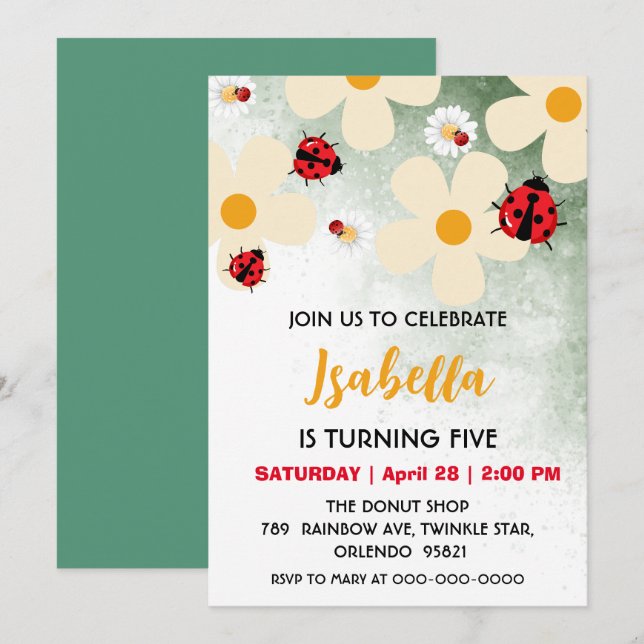 Invitation Polka rouge mignon point Ladybug Daisy Flower Anni (Devant / Derrière)