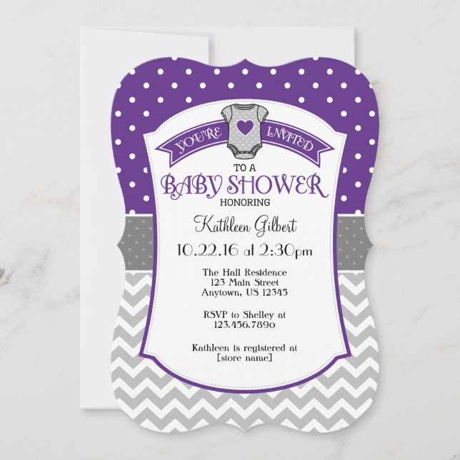 Invitation Polka violet gris Pot Chevron Baby shower Invitati (Devant)