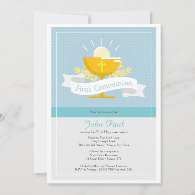 Invitation Polkadot bleu première communion (Devant)