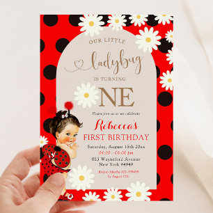 Invitation Polkadot Ladybug Daisy Brown cheveux premier anniv