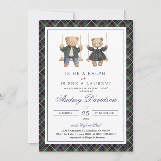 Invitation Polo Gender Reveal Tartan Plaid (Devant)