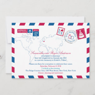 Invitation POLOGNE Red Blue Airmail Mariage