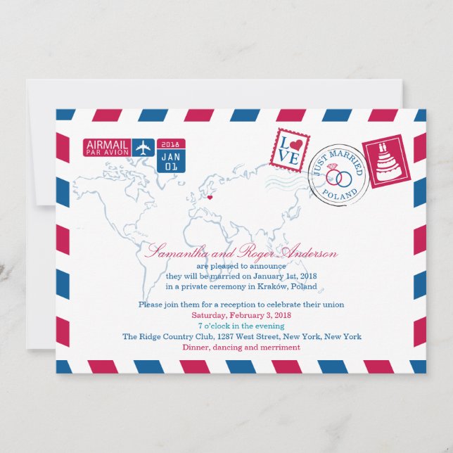 Invitation POLOGNE Rouge Bleu Par Avion Mariage (Devant)