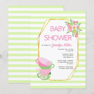 Invitation Polygon or et baby shower fleuri de fête du thé