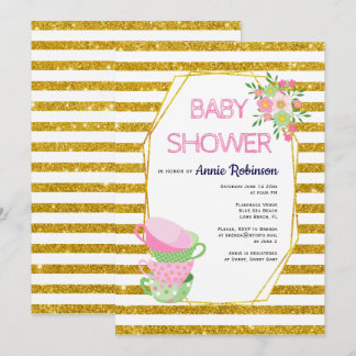 Invitation Polygon scintillant doré, baby shower floral sur l