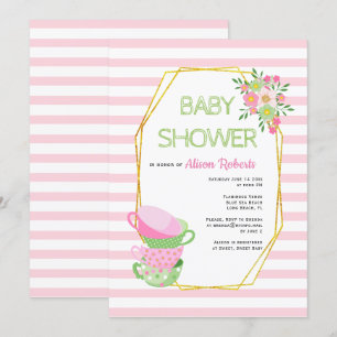 Invitation Polygone d'or, baby shower fleuri à thé rose