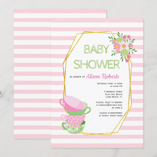 Invitation Polygone d'or, baby shower fleuri à thé rose