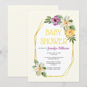 Invitation Polygone d'or, pois de fleurs baby shower floral