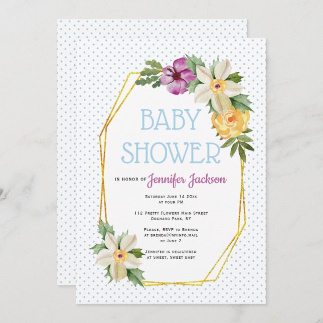 Invitation Polygone d'or, pois de fleurs baby shower floral (Devant / Derrière)