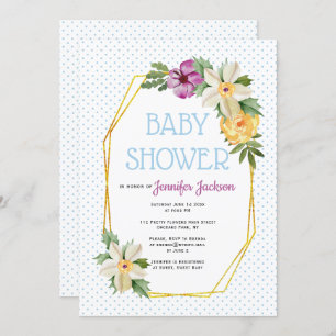 Invitation Polygone d'or, pois de fleurs baby shower floral