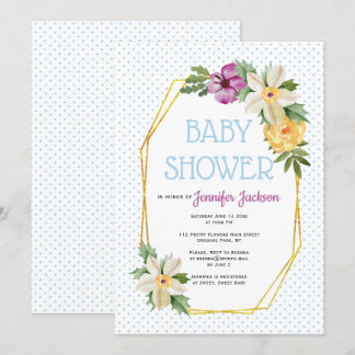 Invitation Polygone d'or, pois de fleurs baby shower floral