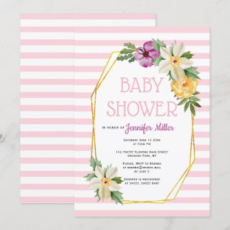 Invitation Polygone or et baby shower fleuri