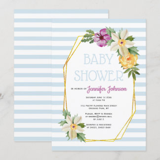 Invitation Polygone or et fleurs baby shower bleu fleuri