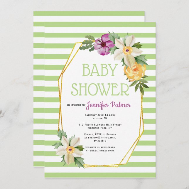 Invitation Polygone or et fleurs baby shower vert fleuri (Devant / Derrière)
