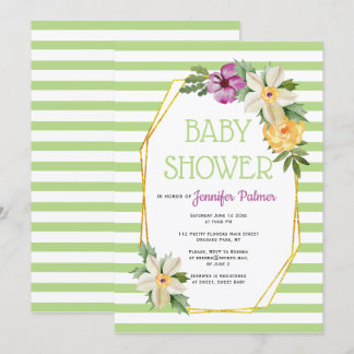 Invitation Polygone or et fleurs baby shower vert fleuri