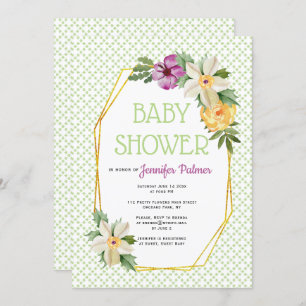Invitation Polygone or et fleurs baby shower vert fleuri