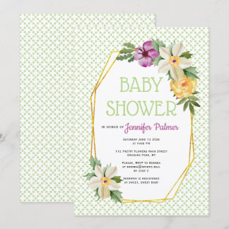 Invitation Polygone or et fleurs baby shower vert fleuri