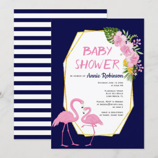 Invitation Polygone or, flamants roses baby shower bleu marin