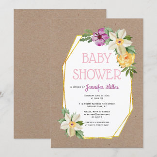 Invitation Polygone or kraft papier rustique fleuri bébé douc